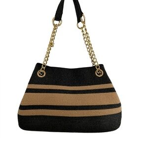 Women’s Black & Tan Striped Straw Shoulder Tote Bag Double Handles Chain